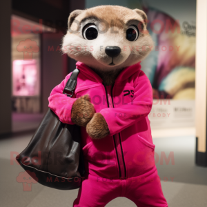 Magenta Meerkat mascot costume character dressed with a Leather Jacket and Tote bags