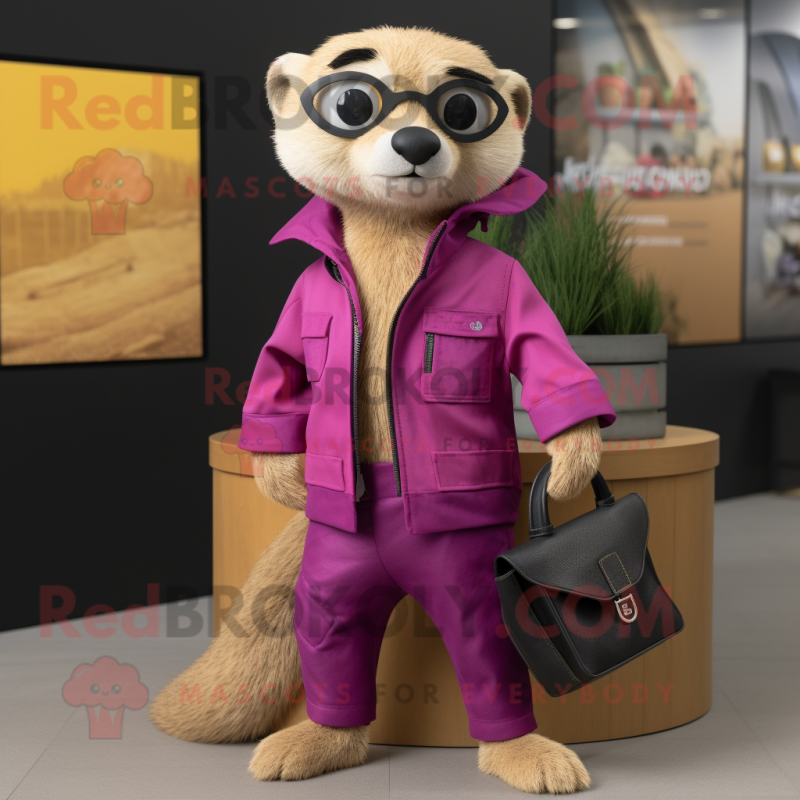 Magenta Meerkat mascot costume character dressed with a Leather Jacket and Tote bags Magenta Meerkat mascot costume character dressed with a Leather Jacket and Tote bags