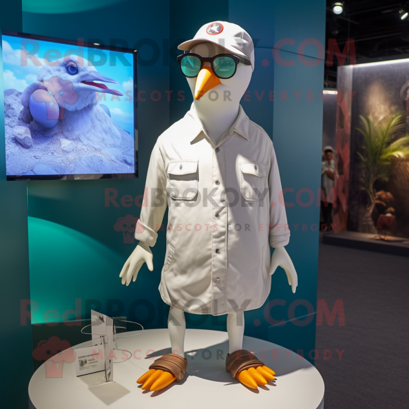White Seagull mascot costume character dressed with a Cargo Shorts and Eyeglasses White Seagull mascot costume character dressed with a Cargo Shorts and Eyeglasses