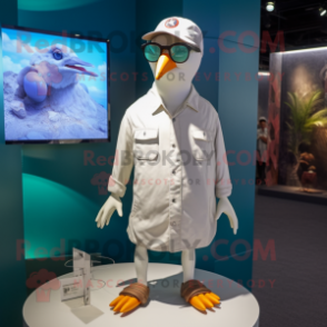 White Seagull mascot costume character dressed with a Cargo Shorts and Eyeglasses
