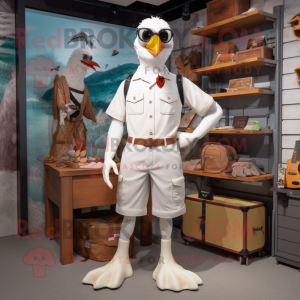 White Seagull mascot costume character dressed with a Cargo Shorts and Eyeglasses