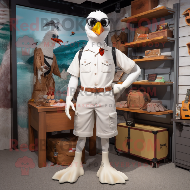 White Seagull mascot costume character dressed with a Cargo Shorts and Eyeglasses White Seagull mascot costume character dressed with a Cargo Shorts and Eyeglasses