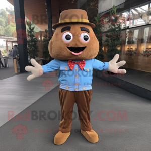 Brown French Fries mascot costume character dressed with a Denim Shirt and Bow ties