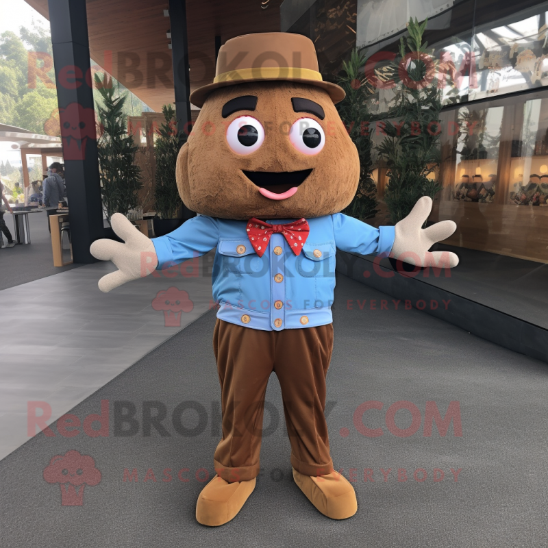 Brown French Fries mascot costume character dressed with a Denim Shirt and Bow ties Brown French Fries mascot costume character dressed with a Denim Shirt and Bow ties