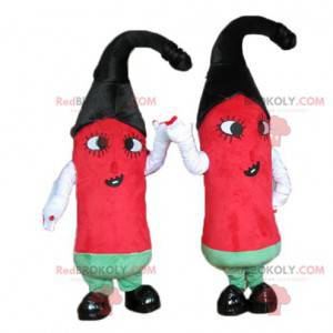 2 Maskottchen aus rotem, grünem und schwarzem Paprika -