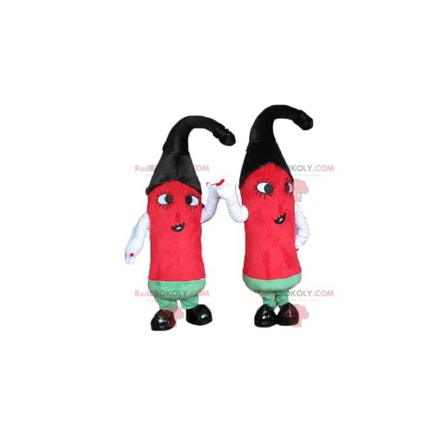 2 maskotar av röda, gröna och svarta paprika - Redbrokoly.com
