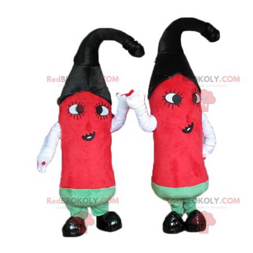 2 maskotar av röda, gröna och svarta paprika - Redbrokoly.com