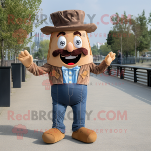 Brown French Fries mascot costume character dressed with a Denim Shirt and Bow ties