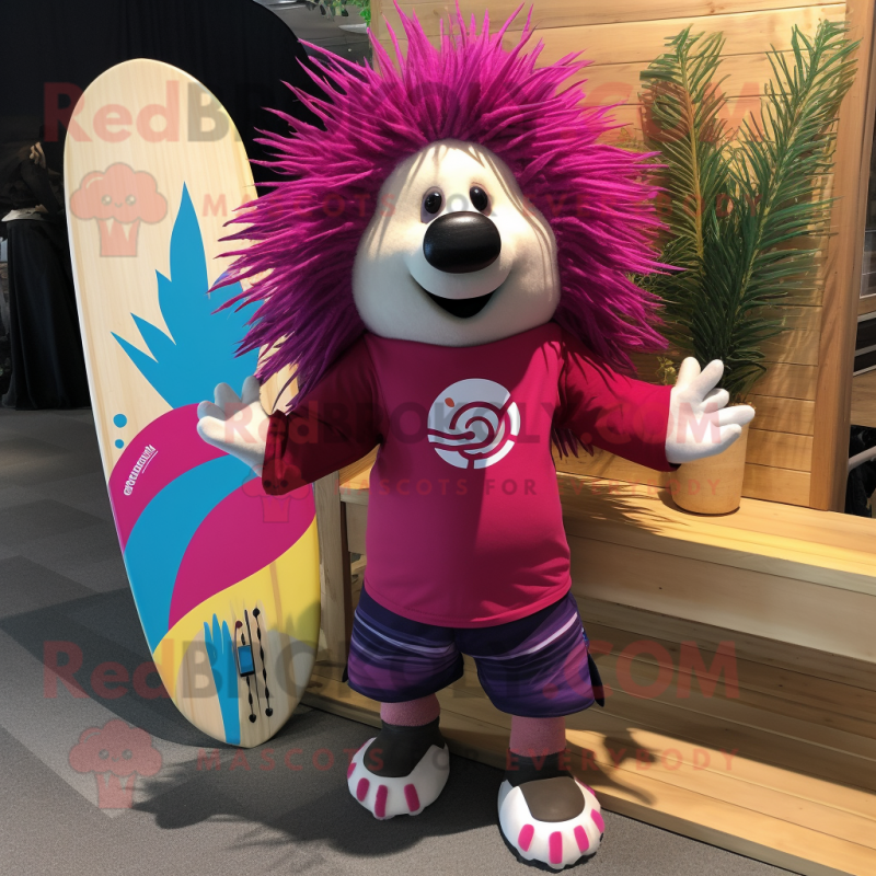 Magenta Porcupine mascot costume character dressed with a Board Shorts and Necklaces Magenta Porcupine mascot costume character dressed with a Board Shorts and Necklaces