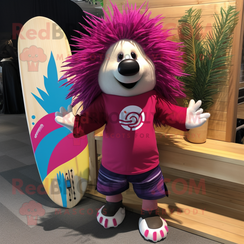 Magenta Porcupine mascot costume character dressed with a Board Shorts and Necklaces