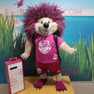 Magenta Porcupine mascot costume character dressed with a Board Shorts and Necklaces