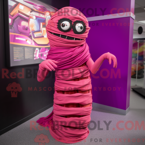 Maskotfigur af en magenta...