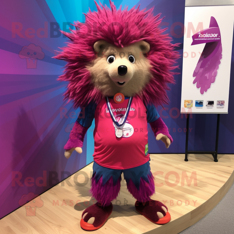 Magenta Porcupine mascot costume character dressed with a Board Shorts and Necklaces