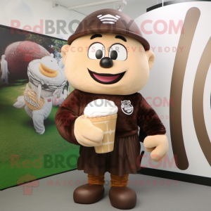 Brown Ice Cream mascot costume character dressed with a Rugby Shirt and Beanies