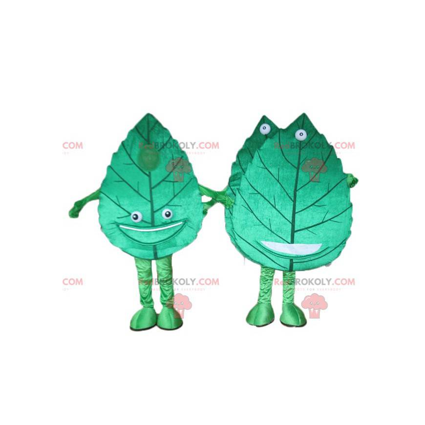 2 mascotte di foglie verdi giganti e sorridenti - Redbrokoly.com