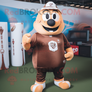 Brown Ice Cream mascot costume character dressed with a Rugby Shirt and Beanies