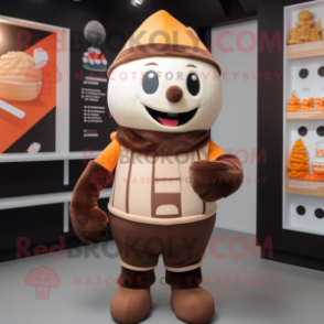 Brown Ice Cream mascot costume character dressed with a Rugby Shirt and Beanies