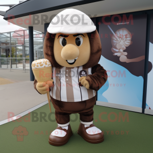 Brown Ice Cream mascot costume character dressed with a Rugby Shirt and Beanies