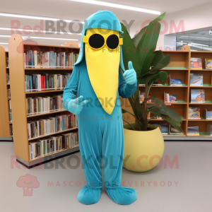 Turquoise Banana mascot costume character dressed with a Jumpsuit and Reading glasses