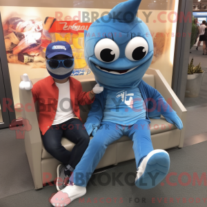 Maskotfigur af en blå...