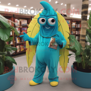 Turquoise Banana mascot costume character dressed with a Jumpsuit and Reading glasses
