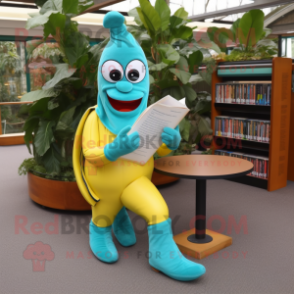 Turquoise Banana mascot costume character dressed with a Jumpsuit and Reading glasses