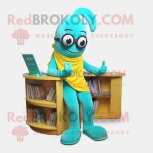 Turquoise Banana mascot costume character dressed with a Jumpsuit and Reading glasses