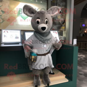 Gray Deer mascot costume character dressed with a Romper and Shawl pins