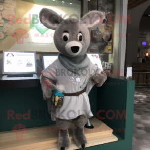 Gray Deer mascot costume character dressed with a Romper and Shawl pins