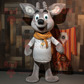 Gray Deer mascot costume character dressed with a Romper and Shawl pins