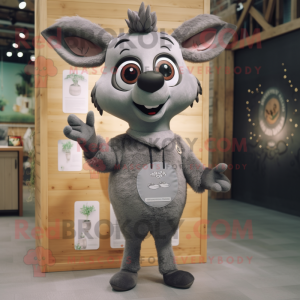 Gray Deer mascot costume character dressed with a Romper and Shawl pins