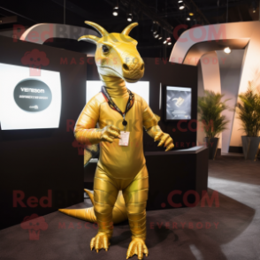 Gold Parasaurolophus mascot costume character dressed with a Turtleneck and Anklets