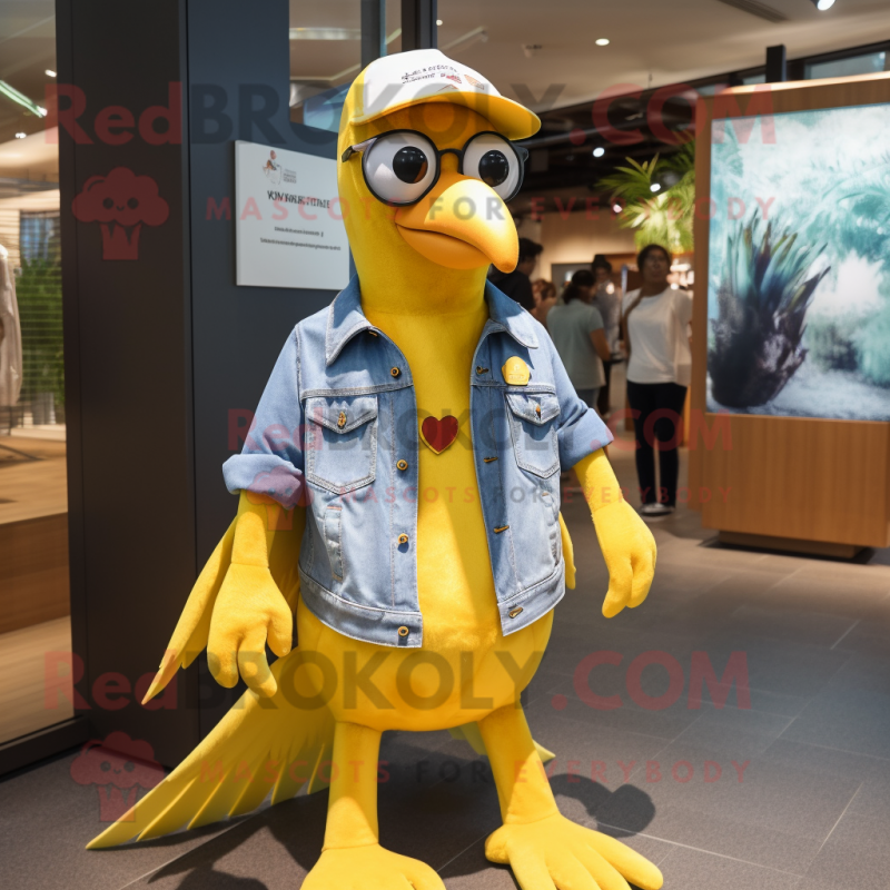 Yellow Crow mascot costume character dressed with a Denim Shorts and Keychains