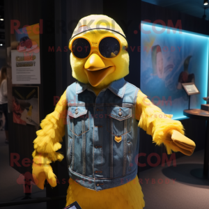 Yellow Crow mascot costume character dressed with a Denim Shorts and Keychains