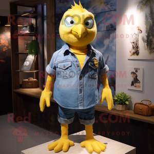 Yellow Crow mascot costume character dressed with a Denim Shorts and Keychains