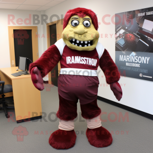 Maroon Frankenstein'S Monster mascot costume character dressed with a Pencil Skirt and Foot pads