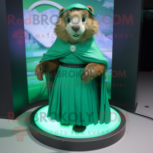 Green Marmot mascot costume character dressed with a Circle Skirt and Hairpins