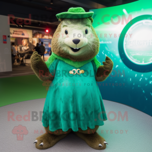 Green Marmot mascot costume character dressed with a Circle Skirt and Hairpins