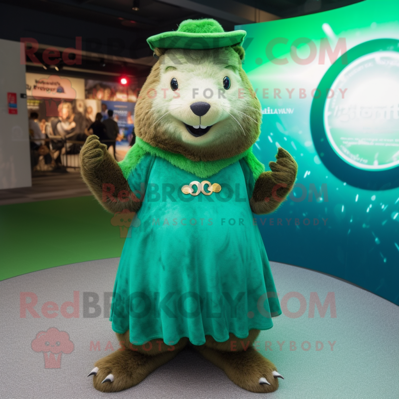 Green Marmot mascot costume character dressed with a Circle Skirt and Hairpins