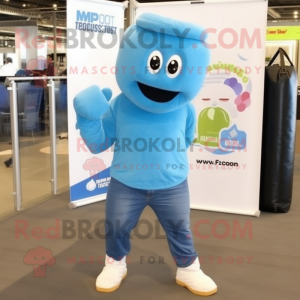 Blue Boxing Glove mascot costume character dressed with a Boyfriend Jeans and Backpacks