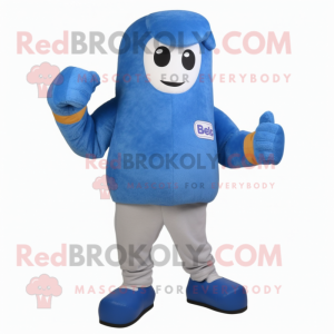 Blue Boxing Glove mascot costume character dressed with a Boyfriend Jeans and Backpacks