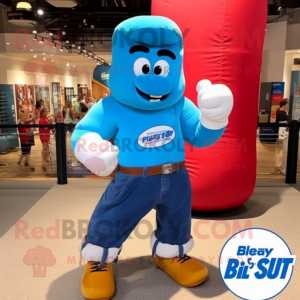 Blue Boxing Glove mascot costume character dressed with a Boyfriend Jeans and Backpacks