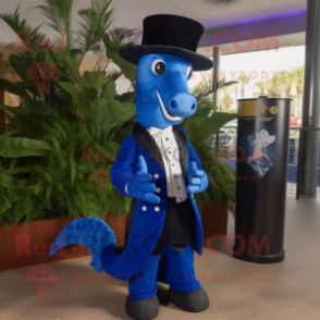 Blue Seahorse mascot costume character dressed with a Tuxedo and Caps