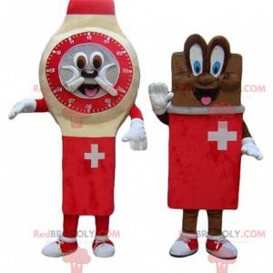 2 maskotar en schweizisk klocka och en chokladkaka -