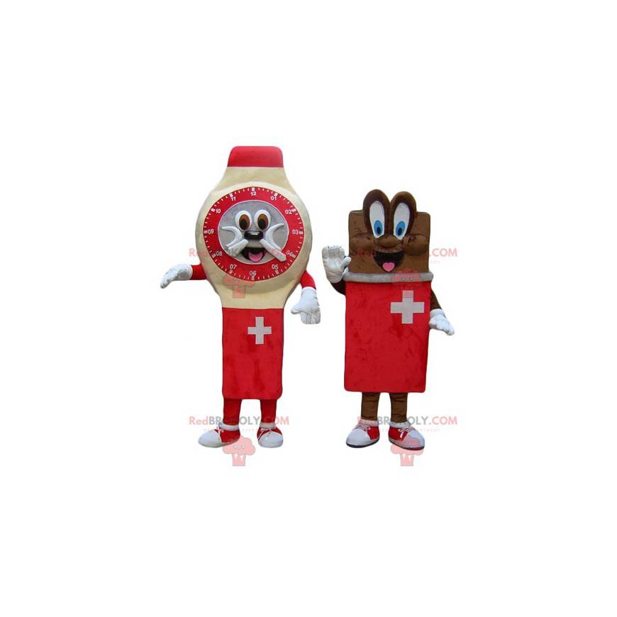 2 maskotar en schweizisk klocka och en chokladkaka -