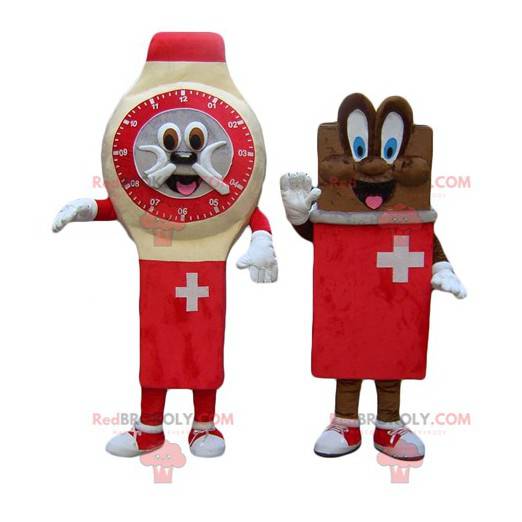 2 maskotter et schweizisk ur og en chokoladestang -