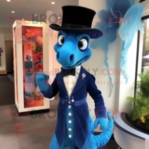 Blue Seahorse mascot costume character dressed with a Tuxedo and Caps