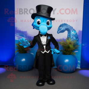 Blue Seahorse mascot costume character dressed with a Tuxedo and Caps