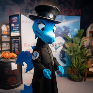Blue Seahorse mascot costume character dressed with a Tuxedo and Caps