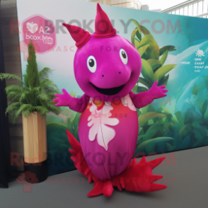 Magenta Axolotls mascot costume character dressed with a Maxi Dress and Clutch bags